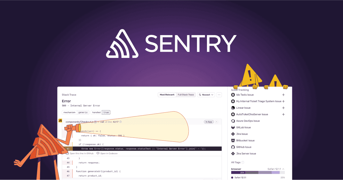 The image showcases the Sentry platform, highlighting an 'Internal Server Error' with a stack trace. A cartoon character points a flashlight at the error code, emphasizing the debugging process. The overall mood is informative and problem-solving-oriented, with visual elements including code snippets, issue tracking options, and a clean, purple-themed interface.